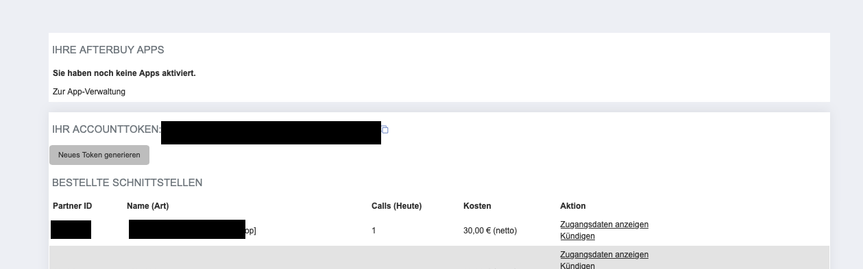 Afterbuy Übersicht Ihrer Apps mit Link Zugangsdaten anzeigen