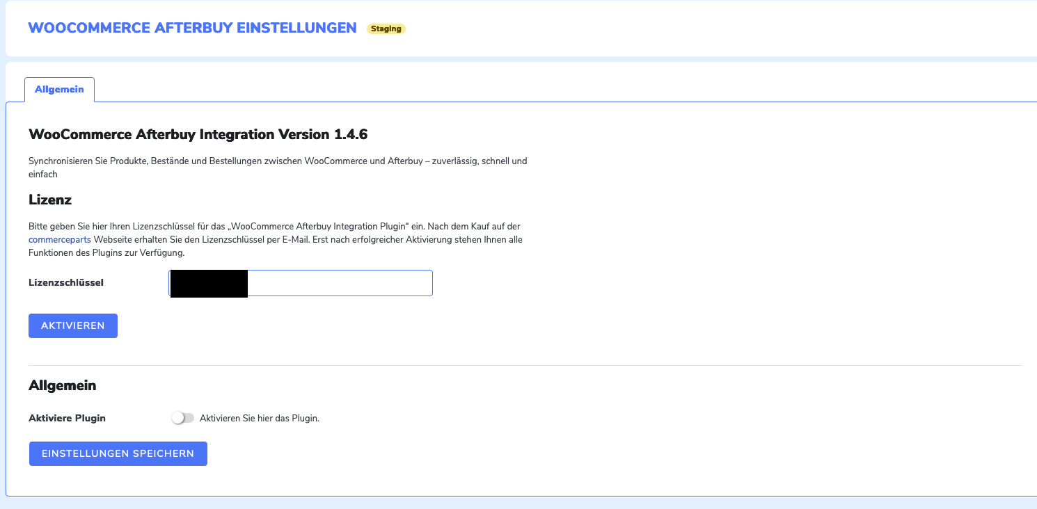 Allgemein-Tab mit Eingabefeld für den Lizenzschlüssel