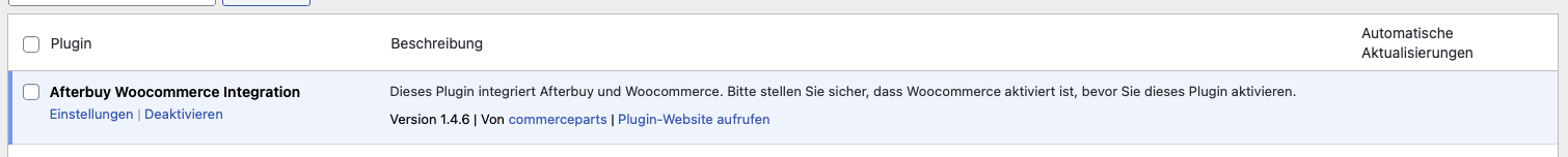 WordPress Plugin-Liste mit dem Eintrag Afterbuy Woocommerce Integration