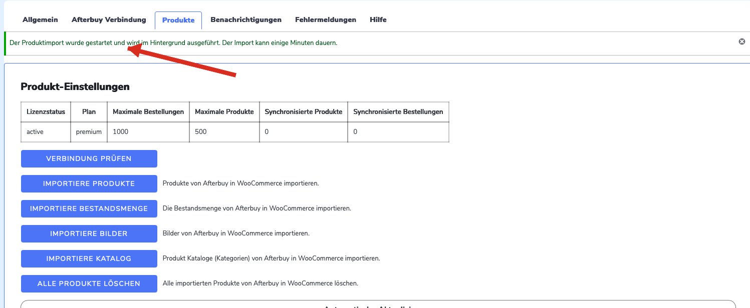 Produkte-Tab mit Meldung dass der Produktimport gestartet wurde