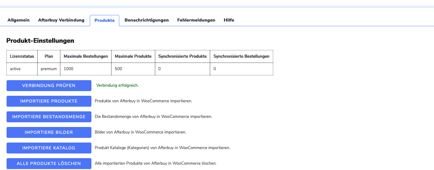 Produkte-Tab mit Meldung Verbindung erfolgreich