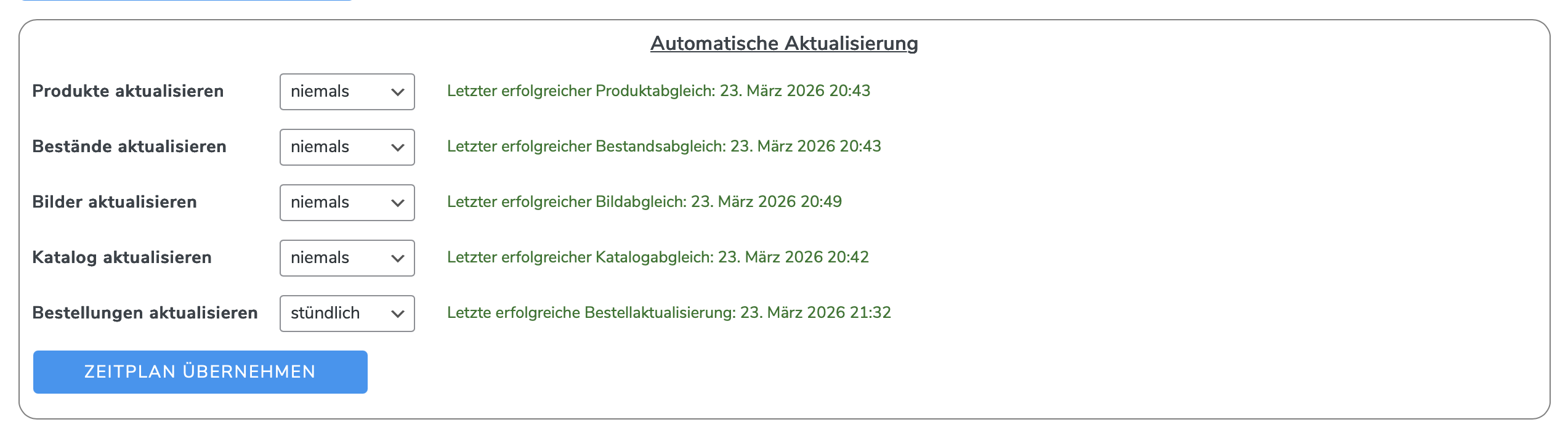 Zeitplan mit einzeln einstellbaren Intervallen für Produkte, Bestände, Bilder, Katalog und Bestellungen