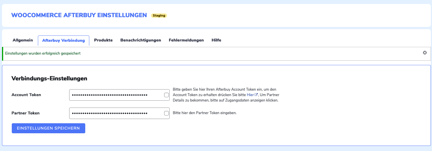 Erfolgsmeldung nach dem Speichern der Verbindungs-Einstellungen